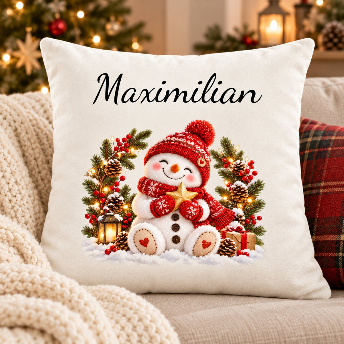 Schneemann-Kissenbezug Winterkranz, Bild 8, mit Beispielname Maximilian