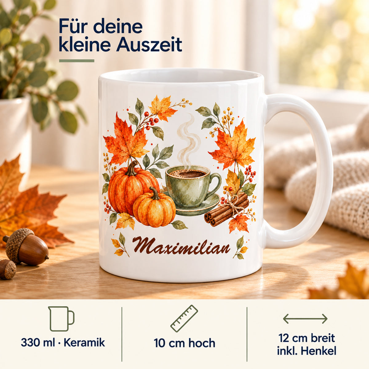 Eigenschaften: weiße personalisierte Herbst-Tasse mit Motiv Herbstkranz zur Kaffeepause und Beispielname Maximilian
