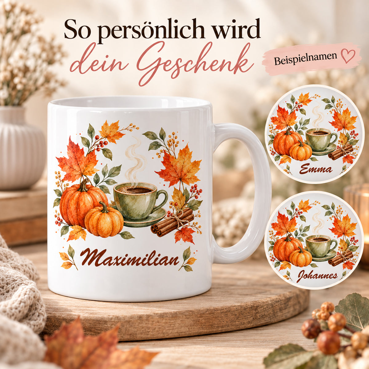 Personalisierung: weiße personalisierte Herbst-Tasse mit Motiv Herbstkranz zur Kaffeepause und gekennzeichneten Beispielnamen