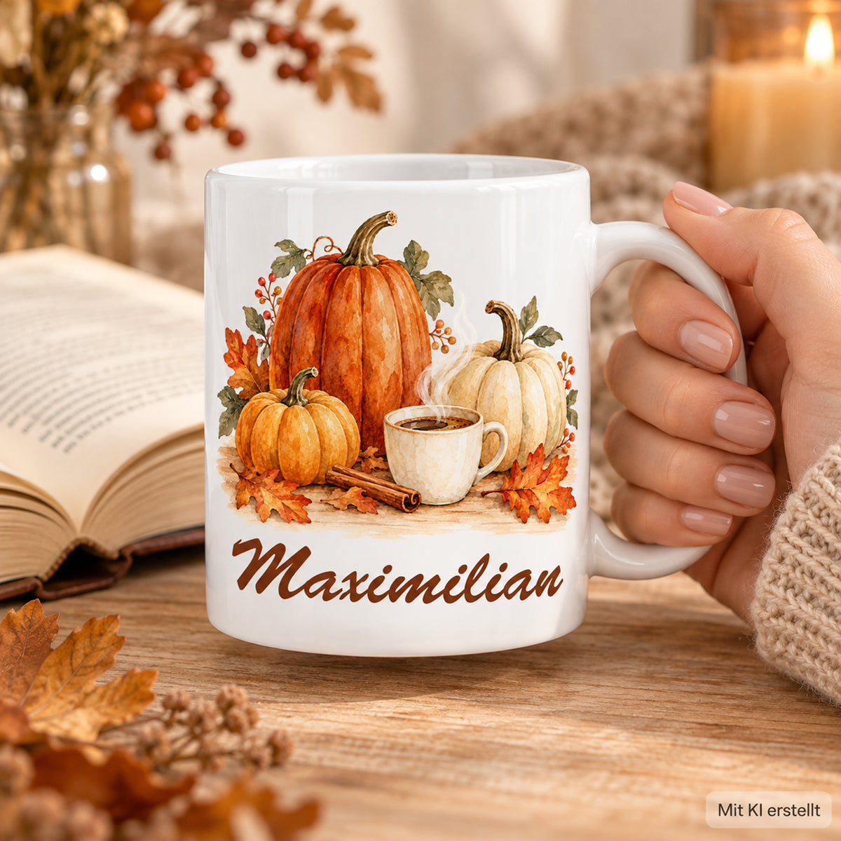 Nutzung mit Händen: weiße personalisierte Herbst-Tasse mit Motiv Kürbistrio mit Zimtduft und Beispielname Maximilian
