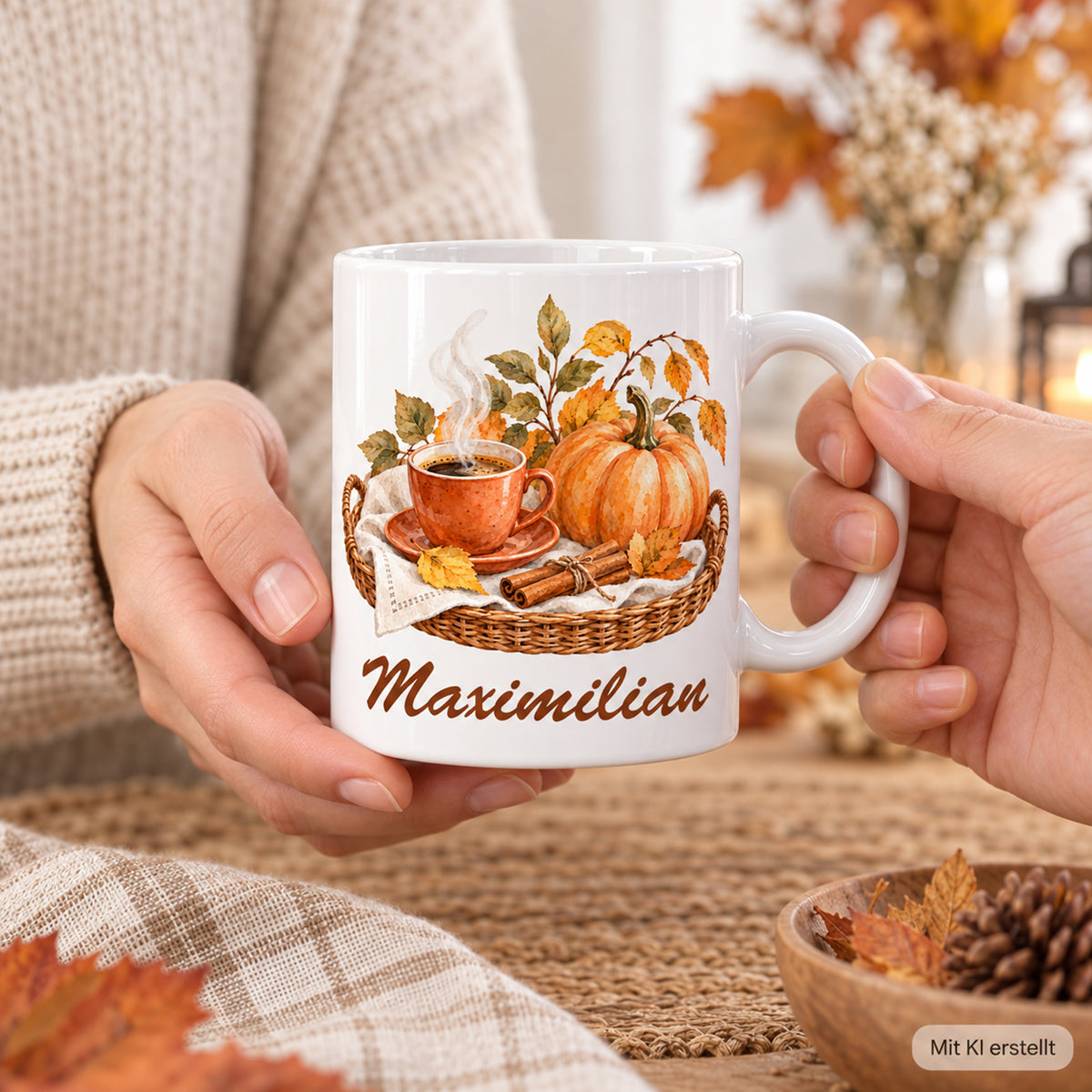 Nutzung mit Händen: weiße personalisierte Herbst-Tasse mit Motiv Warmer Herbst auf dem Tablett und Beispielname Maximilian