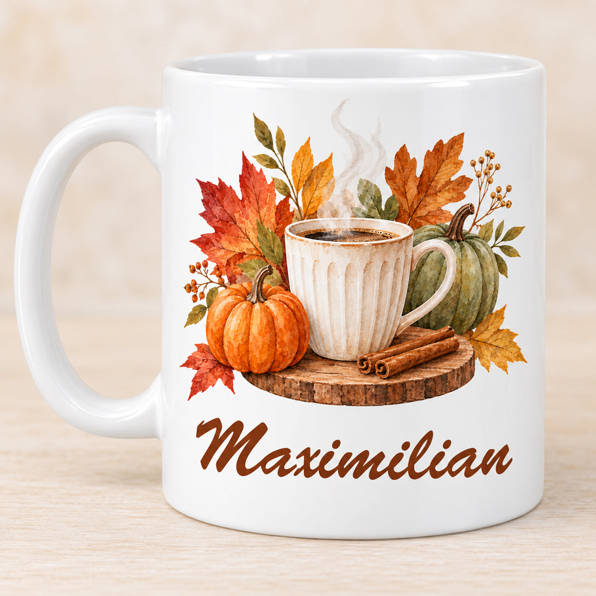Andere Druckseite: weiße personalisierte Herbst-Tasse mit Motiv Blätterzauber und Kaffeedampf und Beispielname Maximilian