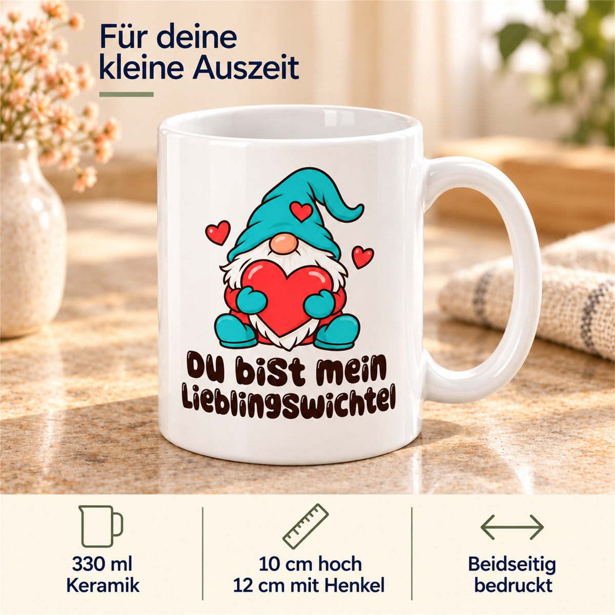 Weiße Wichteltasse mit dem Spruch „Du bist mein Lieblingswichtel“ – Ansicht 4