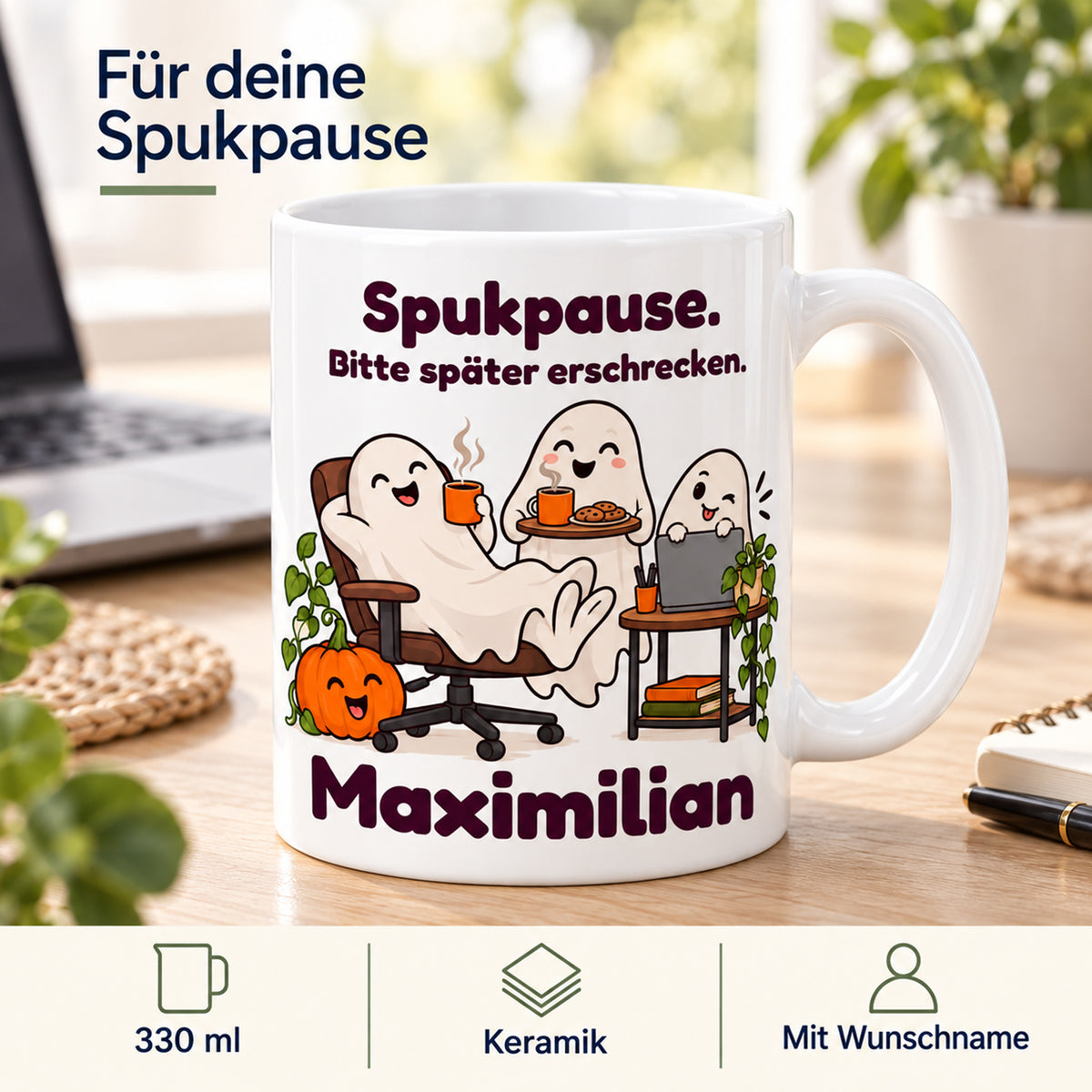 Geisterbuero-Tasse mit Wunschname - Motiv 3, Ansicht 4