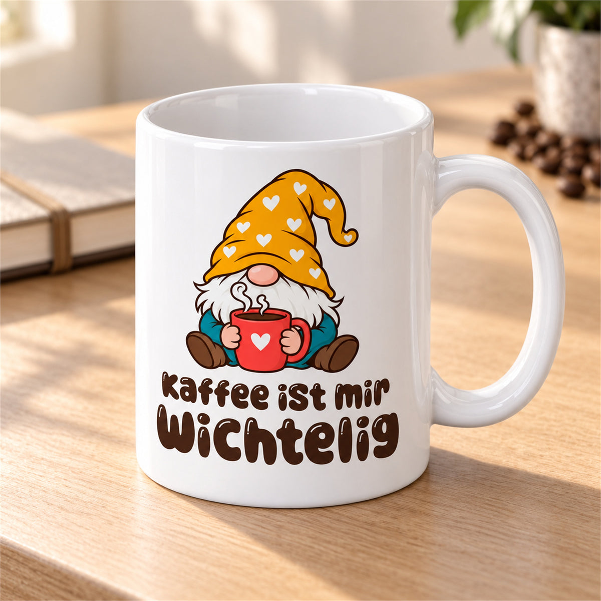 Weiße Wichteltasse mit dem Spruch „Kaffee ist mir wichtelig“ – Ansicht 3