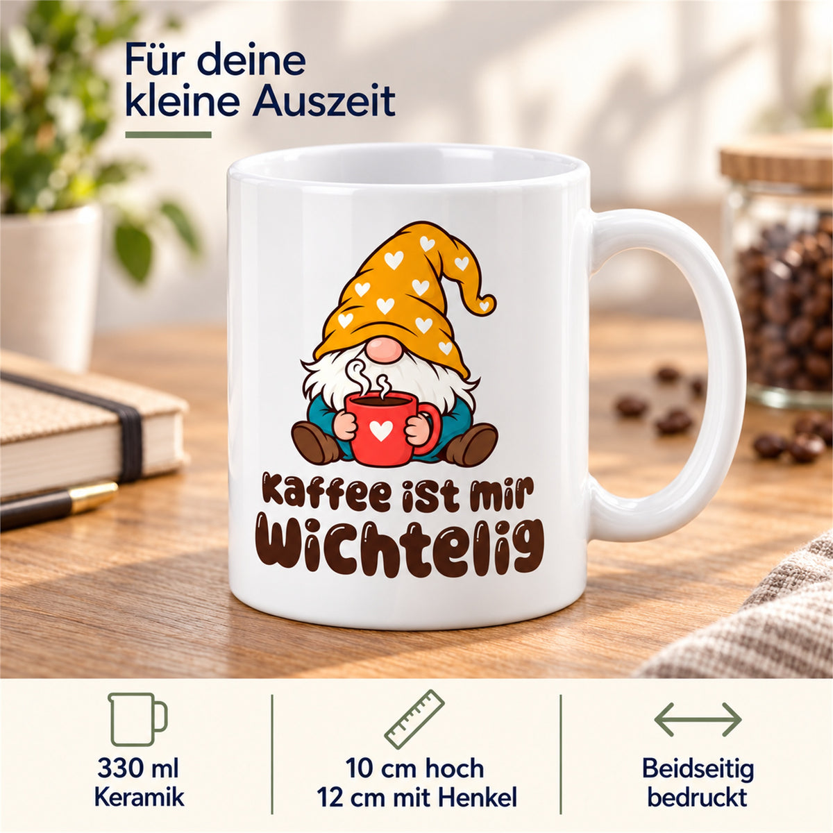 Weiße Wichteltasse mit dem Spruch „Kaffee ist mir wichtelig“ – Ansicht 4