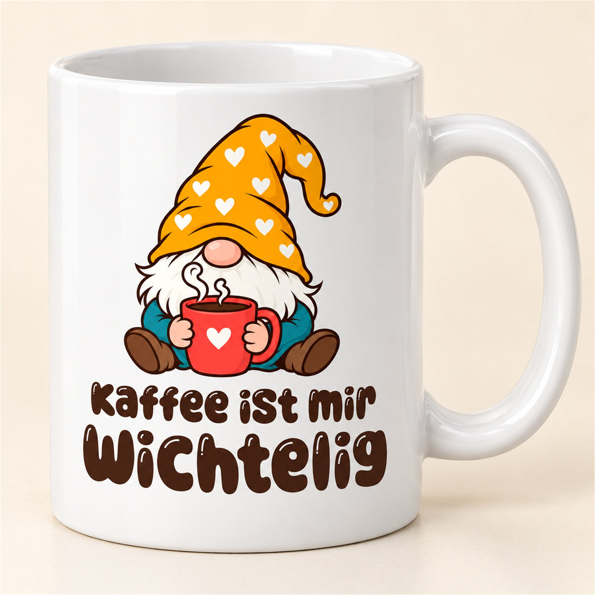 Weiße Wichteltasse mit dem Spruch „Kaffee ist mir wichtelig“ – Ansicht 5