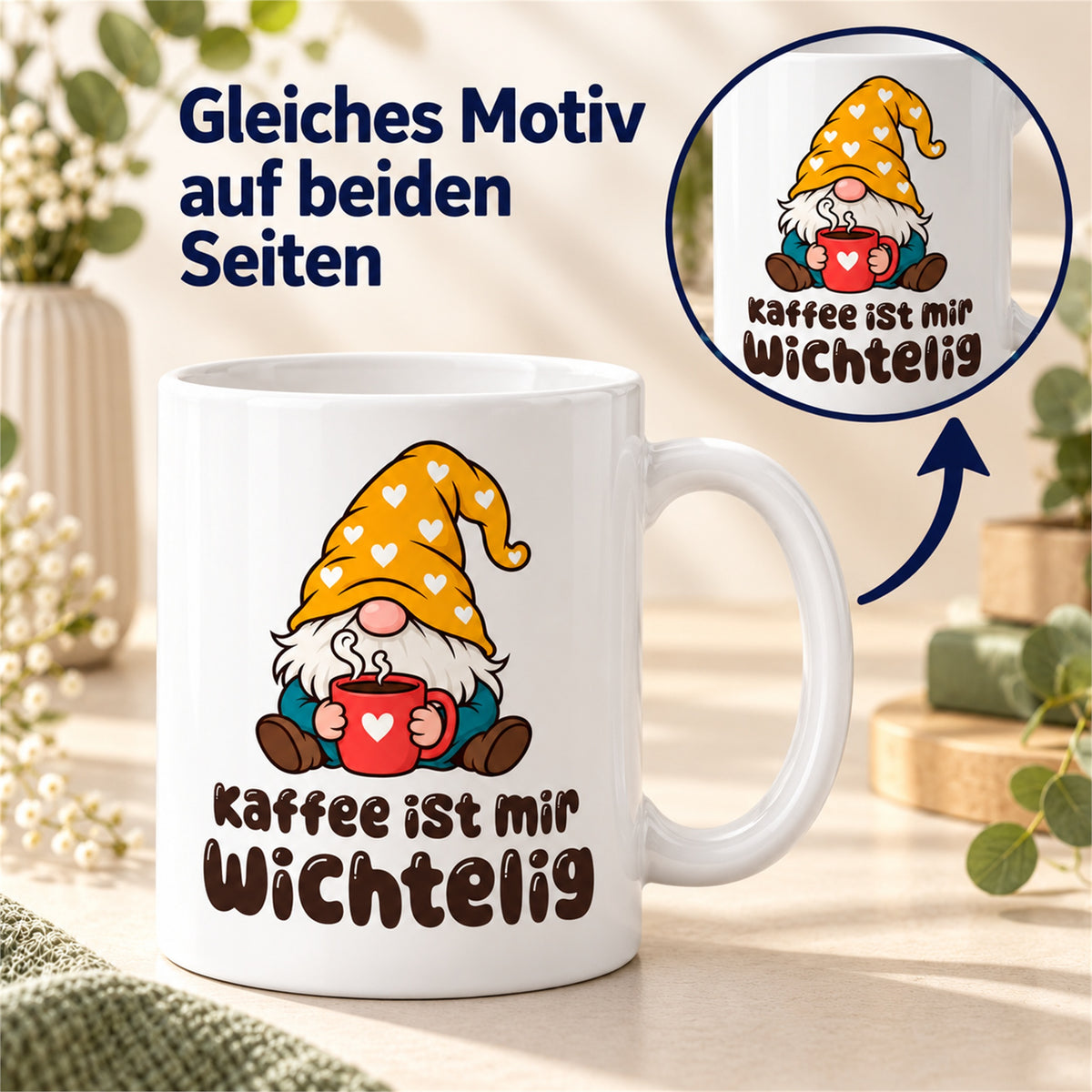 Weiße Wichteltasse mit dem Spruch „Kaffee ist mir wichtelig“ – Ansicht 6