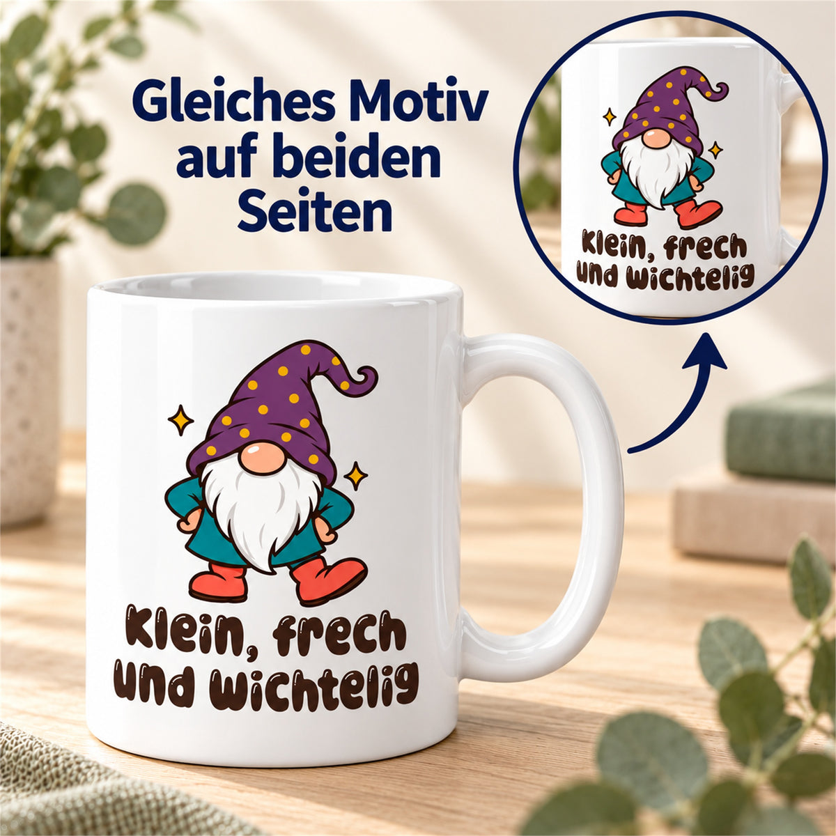 Weiße Wichteltasse mit dem Spruch „Klein, frech und wichtelig“ – Ansicht 6