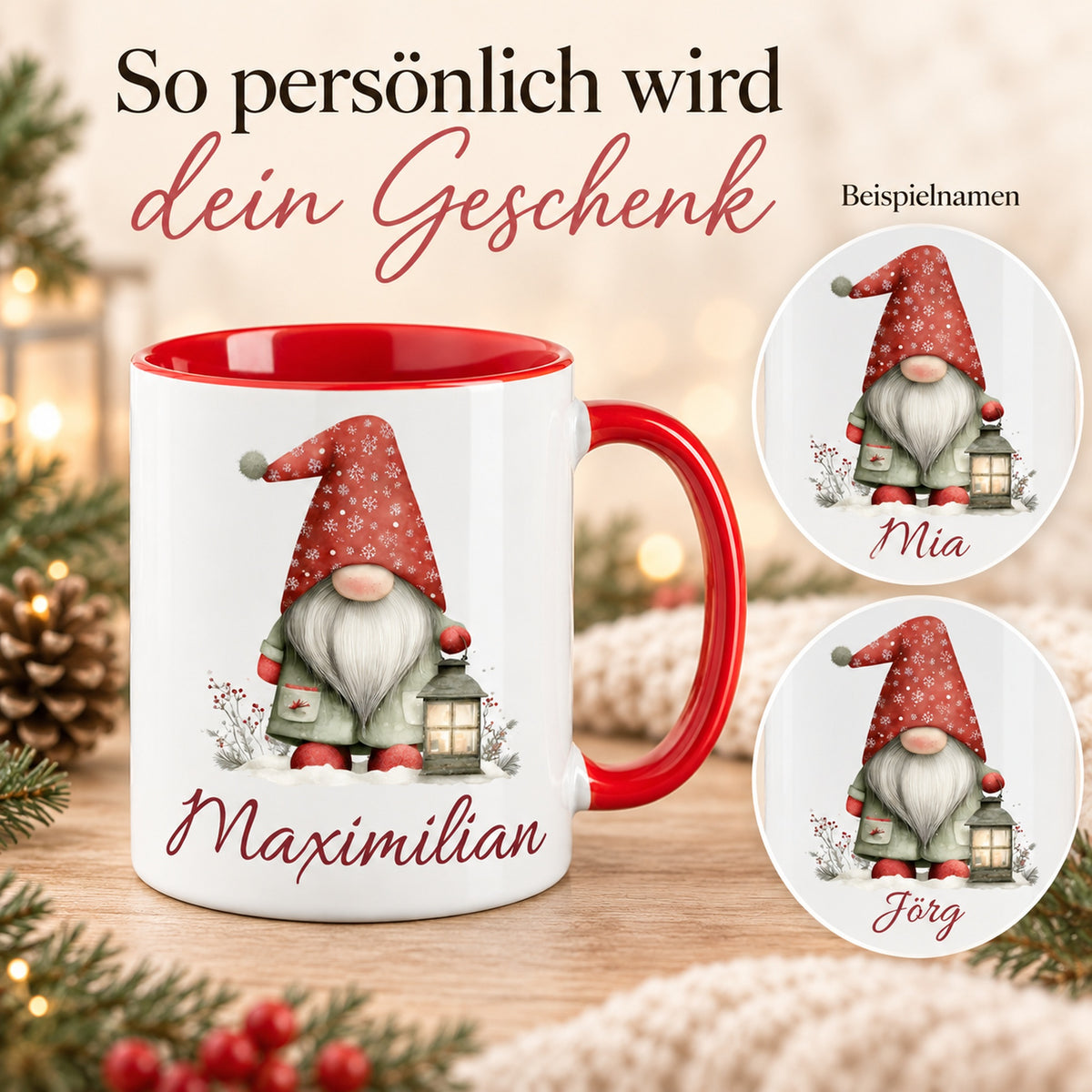 Personalisierte Weihnachtswichtel-Tasse Laternenlicht mit roter Innenseite und rotem Henkel – Namensbeispiele Maximilian, Mia und Jörg