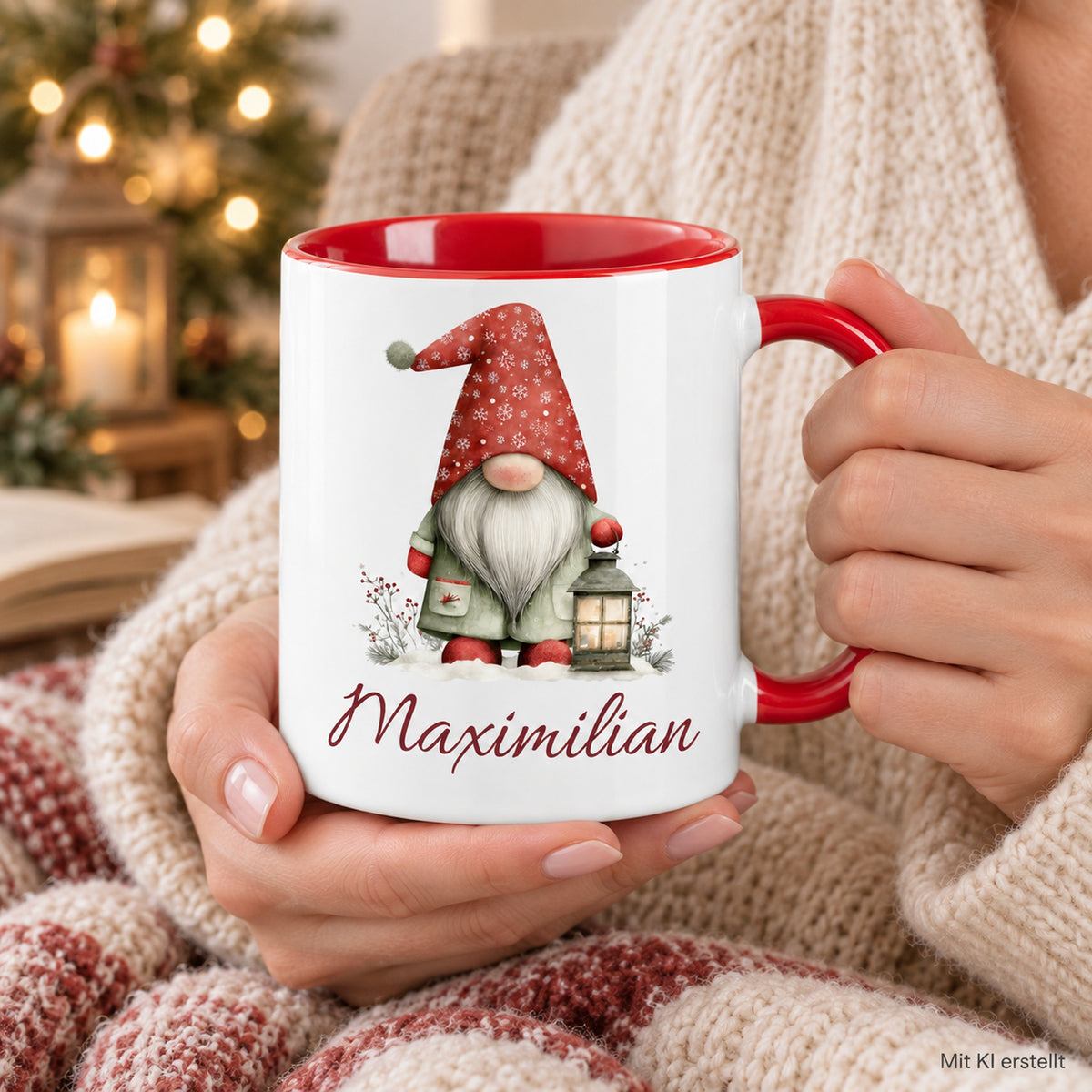 Personalisierte Weihnachtswichtel-Tasse Laternenlicht mit roter Innenseite und rotem Henkel – in erwachsenen Händen, mit KI erstellt