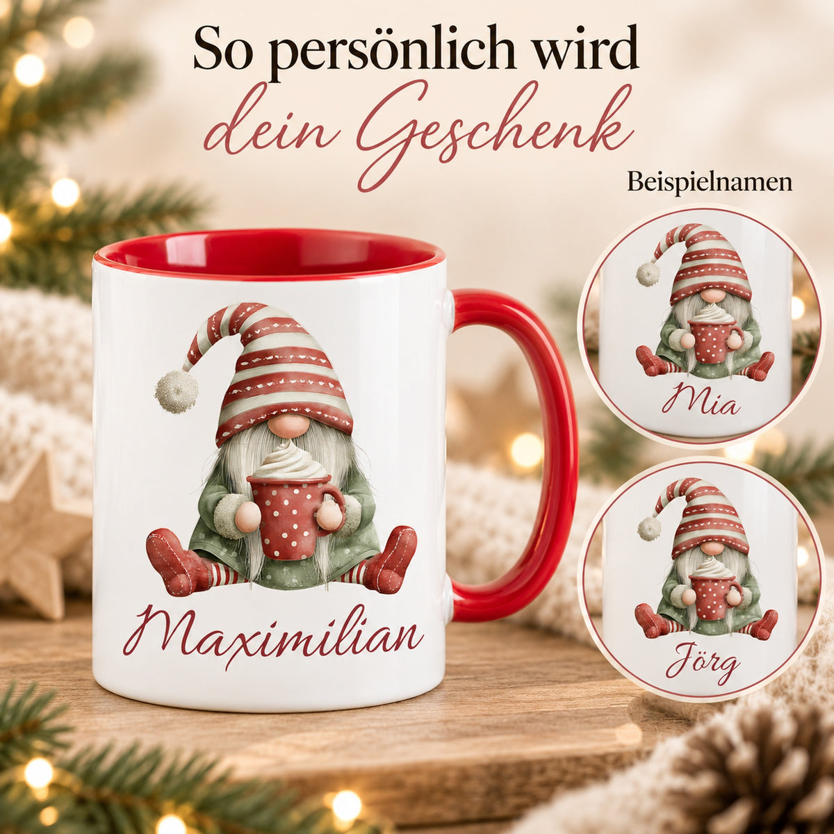 Personalisierte Weihnachtswichtel-Tasse Kakaozeit mit roter Innenseite und rotem Henkel – Namensbeispiele Maximilian, Mia und Jörg