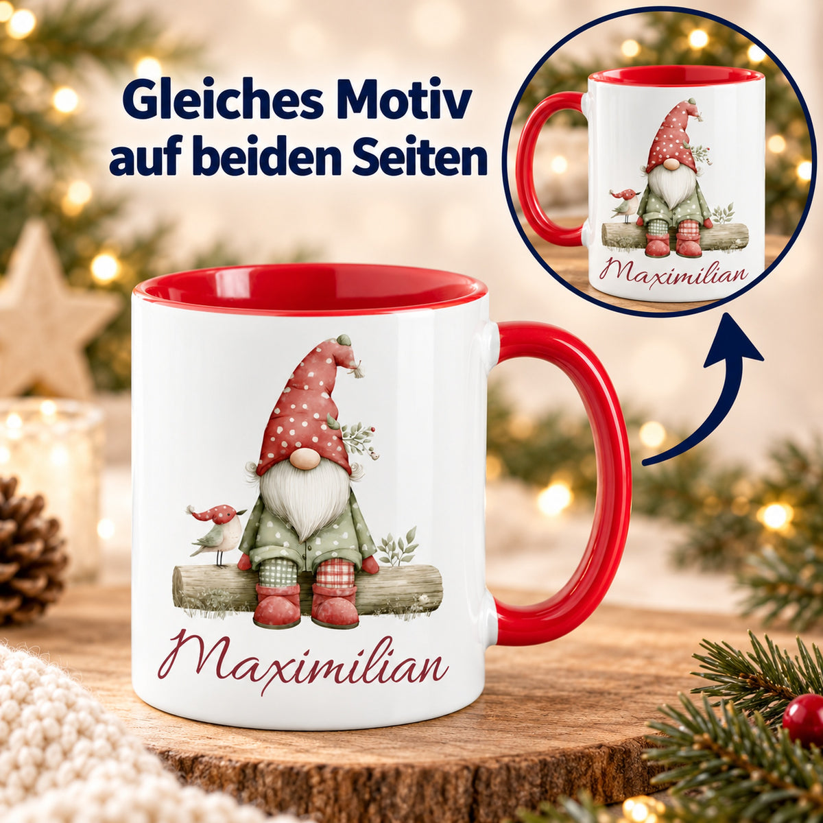 Personalisierte Weihnachtswichtel-Tasse Wintervogel mit roter Innenseite und rotem Henkel – beidseitiger Druck mit Detailansicht