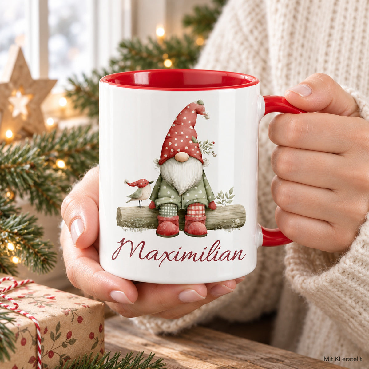Personalisierte Weihnachtswichtel-Tasse Wintervogel mit roter Innenseite und rotem Henkel – in erwachsenen Händen, mit KI erstellt