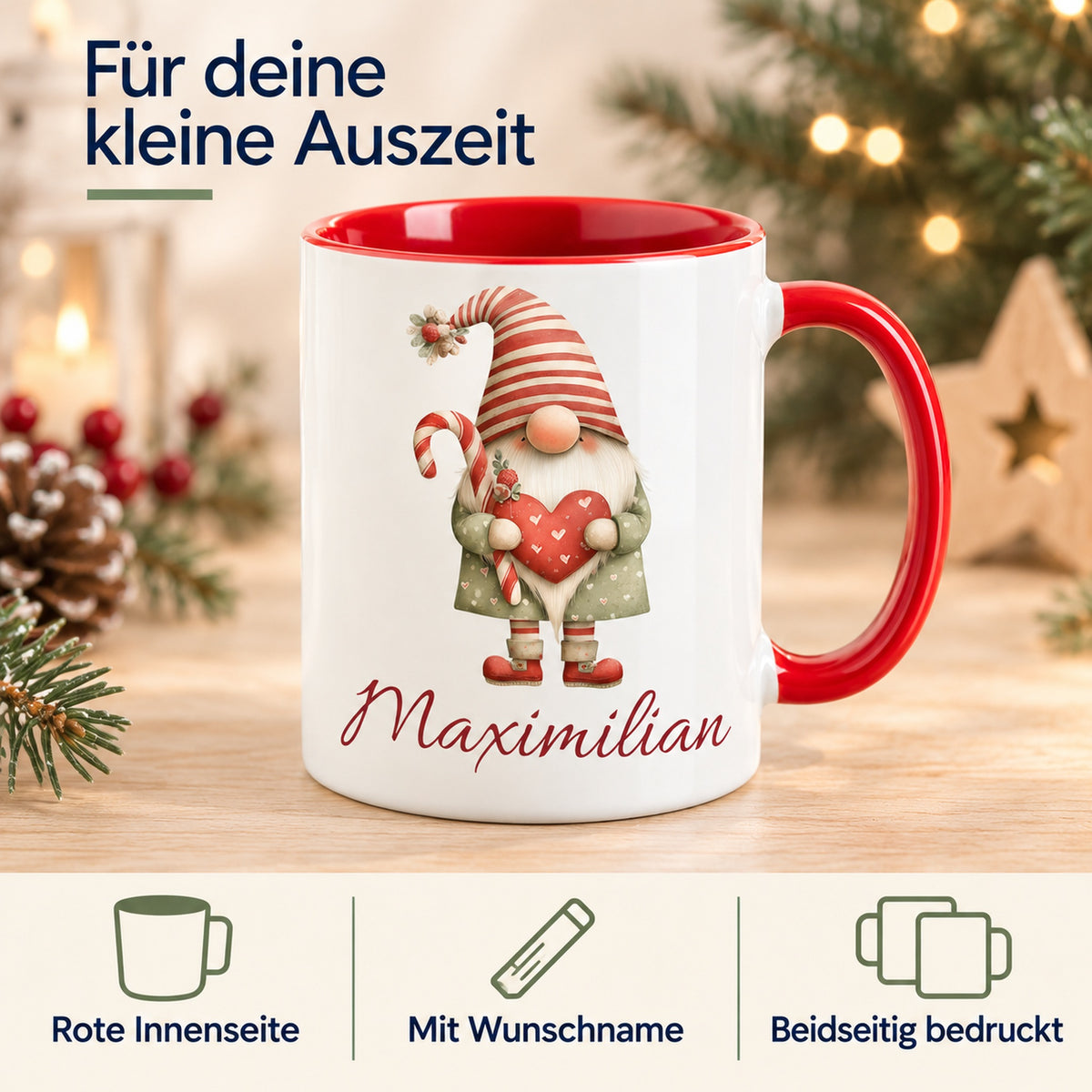 Personalisierte Weihnachtswichtel-Tasse Weihnachtsherz mit roter Innenseite und rotem Henkel – Produktdetails: rote Innenseite, Wunschname, beidseitiger Druck
