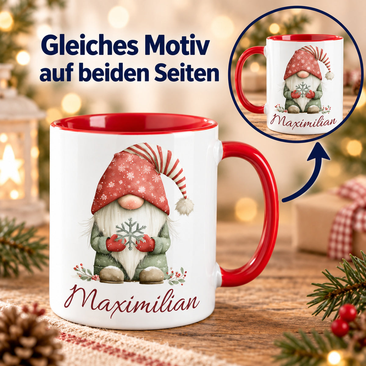 Personalisierte Weihnachtswichtel-Tasse Schneeflocke mit roter Innenseite und rotem Henkel – beidseitiger Druck mit Detailansicht