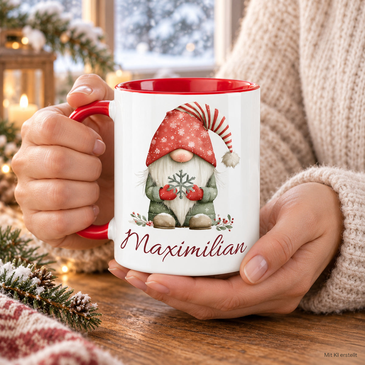 Personalisierte Weihnachtswichtel-Tasse Schneeflocke mit roter Innenseite und rotem Henkel – in erwachsenen Händen, mit KI erstellt