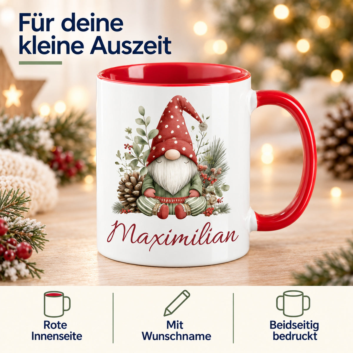 Personalisierte Weihnachtswichtel-Tasse Wintergrün mit roter Innenseite und rotem Henkel – Produktdetails: rote Innenseite, Wunschname, beidseitiger Druck