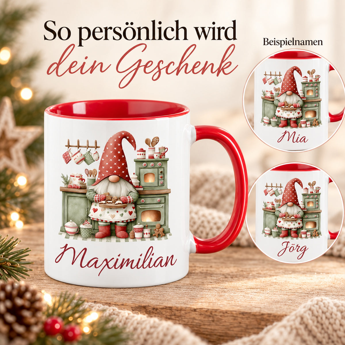 Personalisierte Weihnachtswichtel-Tasse Weihnachtsbäckerei mit roter Innenseite und rotem Henkel – Namensbeispiele Maximilian, Mia und Jörg