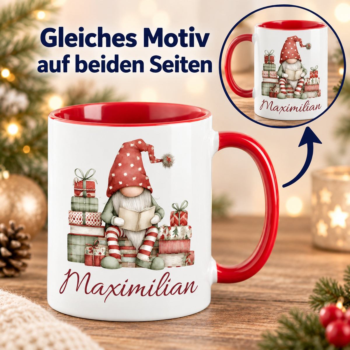 Personalisierte Weihnachtswichtel-Tasse Gemütliche Lesestunde mit roter Innenseite und rotem Henkel – beidseitiger Druck mit Detailansicht