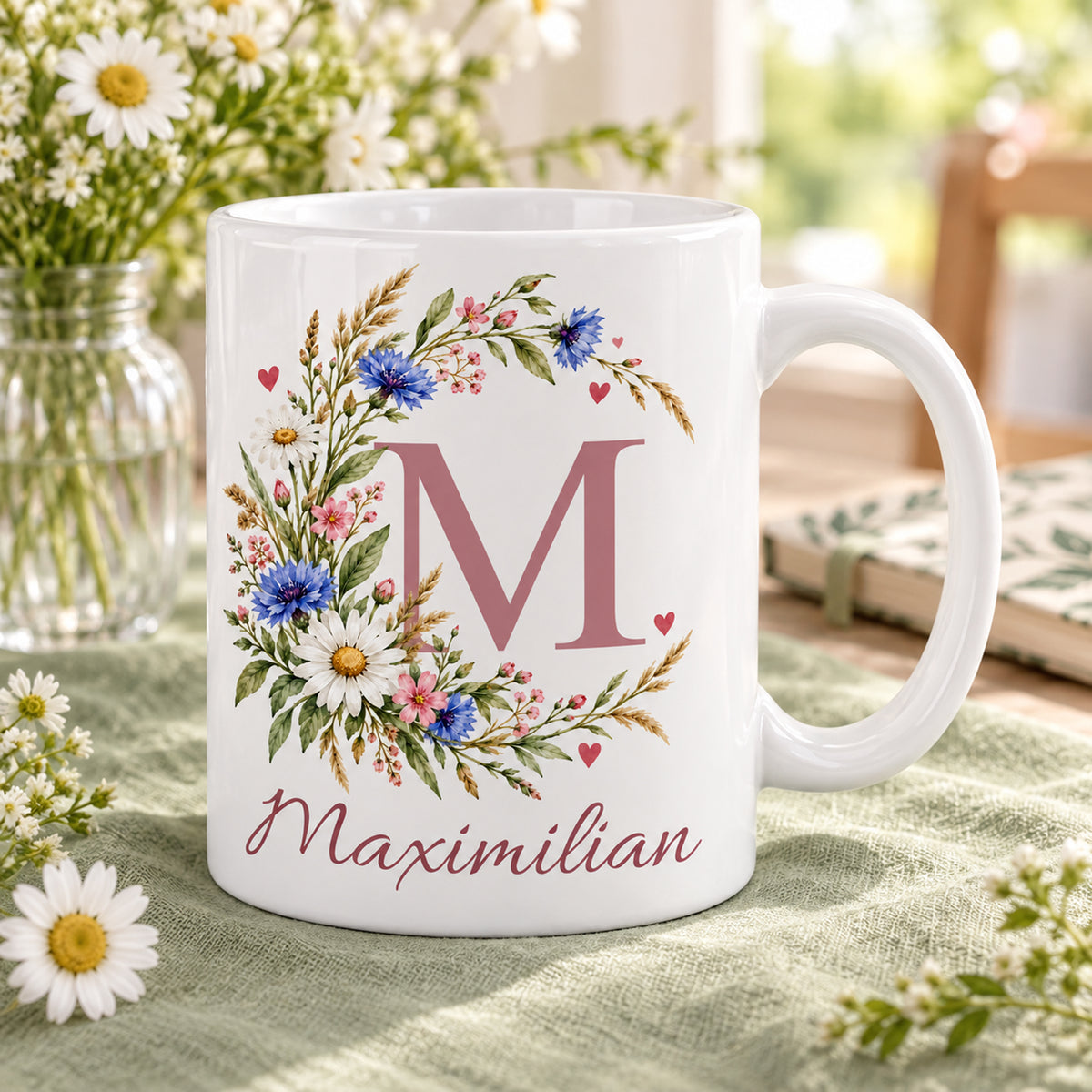 Weiße personalisierte Keramiktasse Wiesenbogen mit floralem Monogramm – Alltagsszene