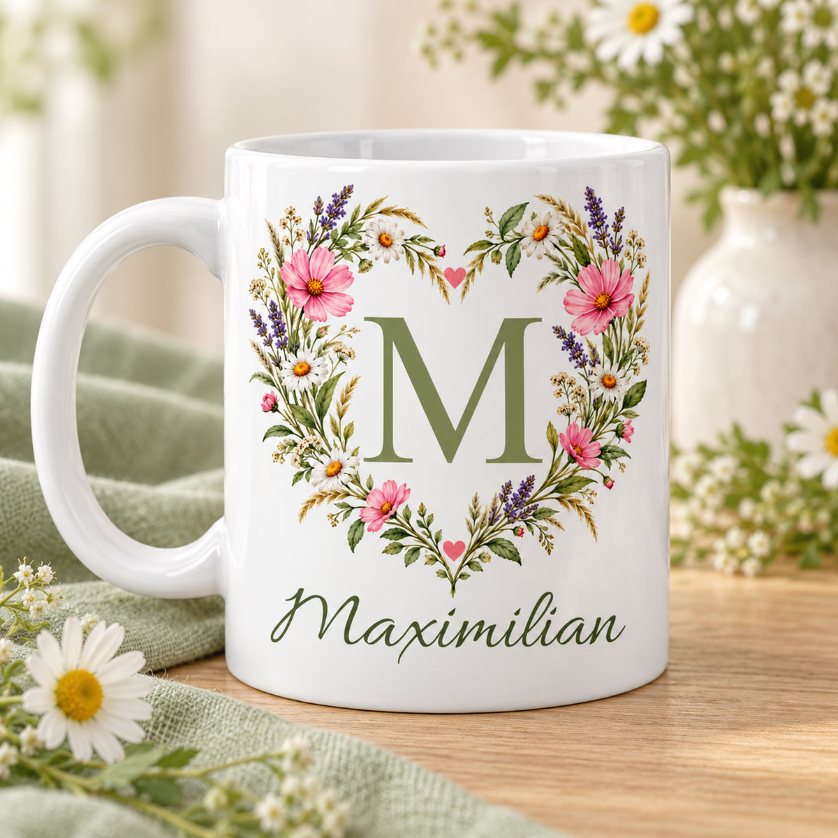 Weiße personalisierte Keramiktasse Blütenherz mit floralem Monogramm – Weitere Motivansicht