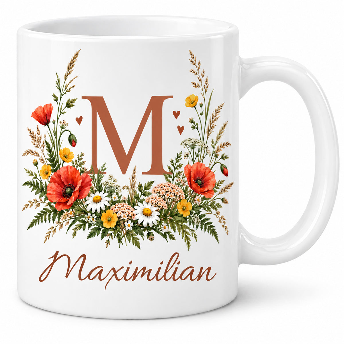 Weiße personalisierte Keramiktasse Wiesenstrauß mit floralem Monogramm – Hauptansicht