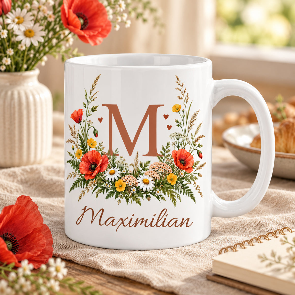 Weiße personalisierte Keramiktasse Wiesenstrauß mit floralem Monogramm – Alltagsszene