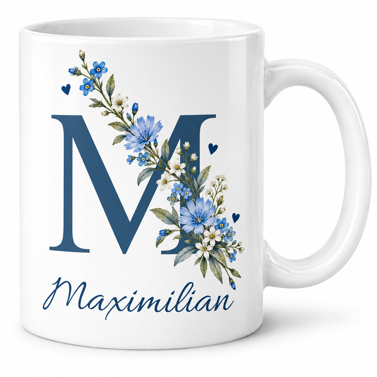 Weiße personalisierte Keramiktasse Blaue Blütenranke mit floralem Monogramm – Hauptansicht