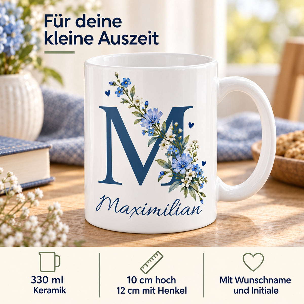 Weiße personalisierte Keramiktasse Blaue Blütenranke mit floralem Monogramm – Eigenschaften