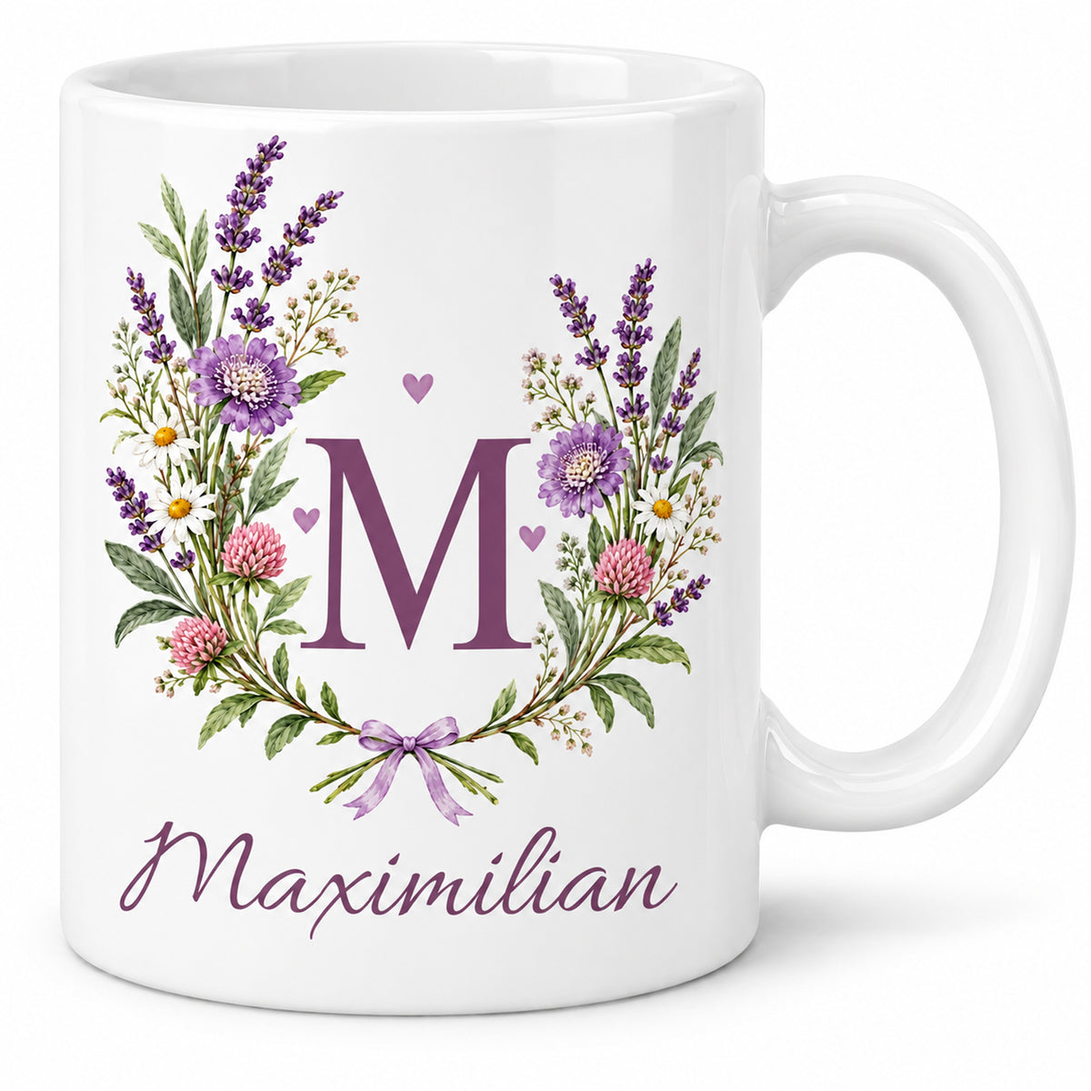 Weiße personalisierte Keramiktasse Lavendelduett mit floralem Monogramm – Hauptansicht
