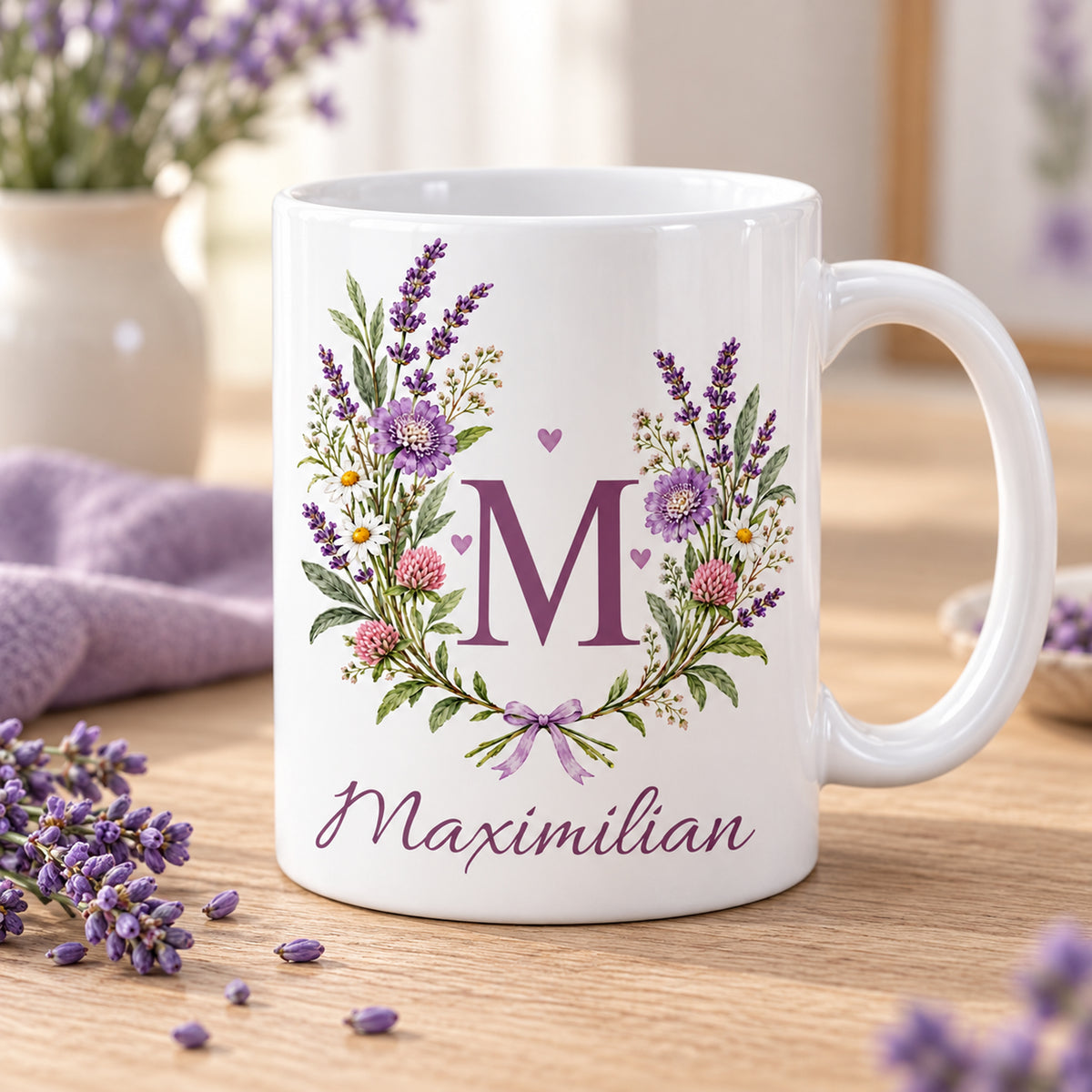 Weiße personalisierte Keramiktasse Lavendelduett mit floralem Monogramm – Weitere Motivansicht