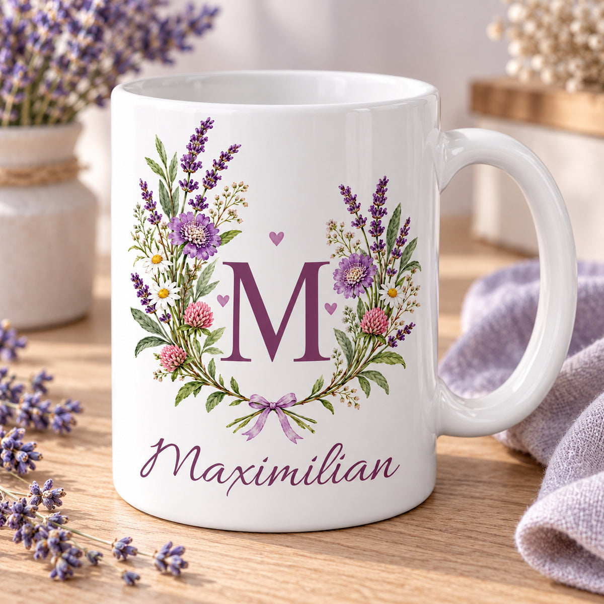 Weiße personalisierte Keramiktasse Lavendelduett mit floralem Monogramm – Schrägansicht