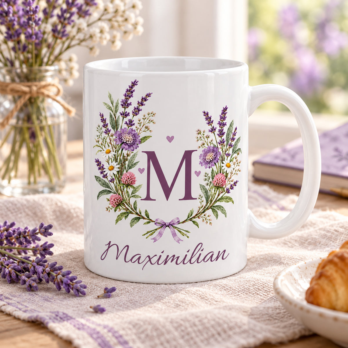 Weiße personalisierte Keramiktasse Lavendelduett mit floralem Monogramm – Alltagsszene