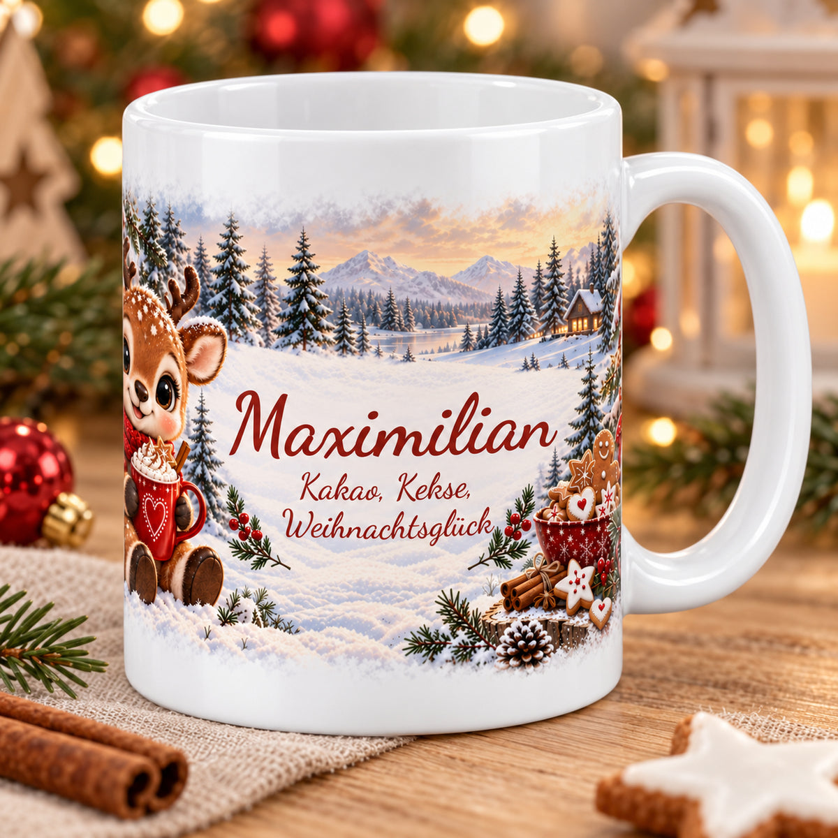 Weihnachtstasse Rentier mit Namen – Keramik, 330 ml – 03-three-quarter-view