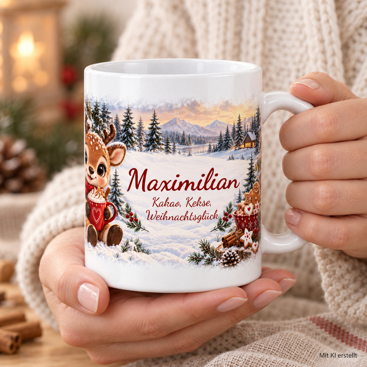 Weihnachtstasse Rentier mit Namen – Keramik, 330 ml – 07-person-using-product