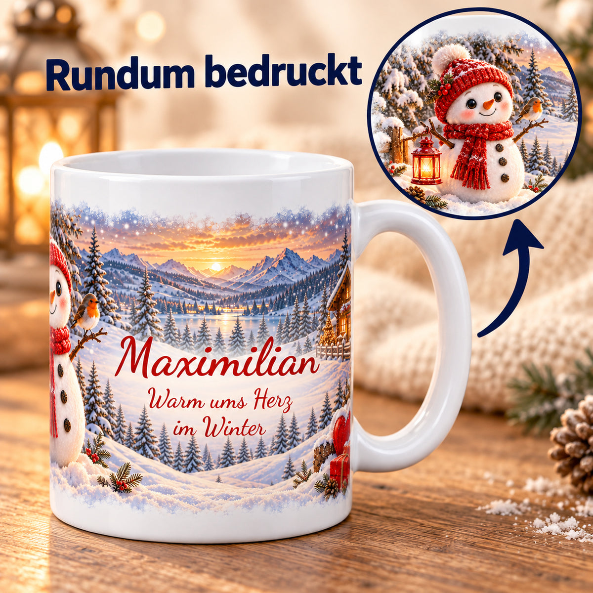 Weihnachtstasse Schneemann mit Namen – Keramik, 330 ml – 06-two-views