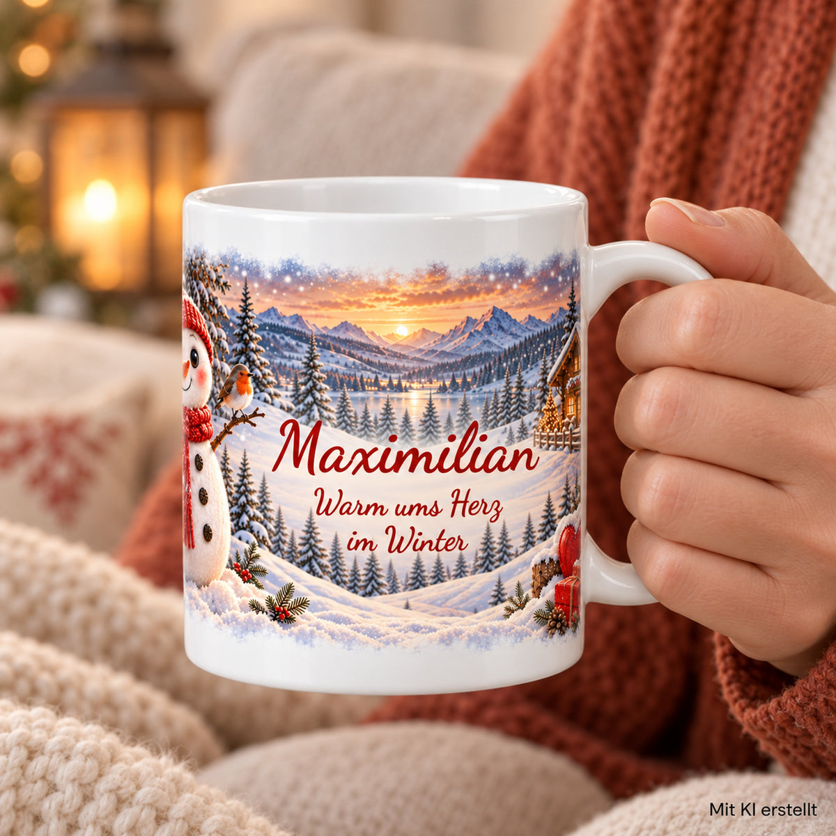 Weihnachtstasse Schneemann mit Namen – Keramik, 330 ml – 07-person-using-product