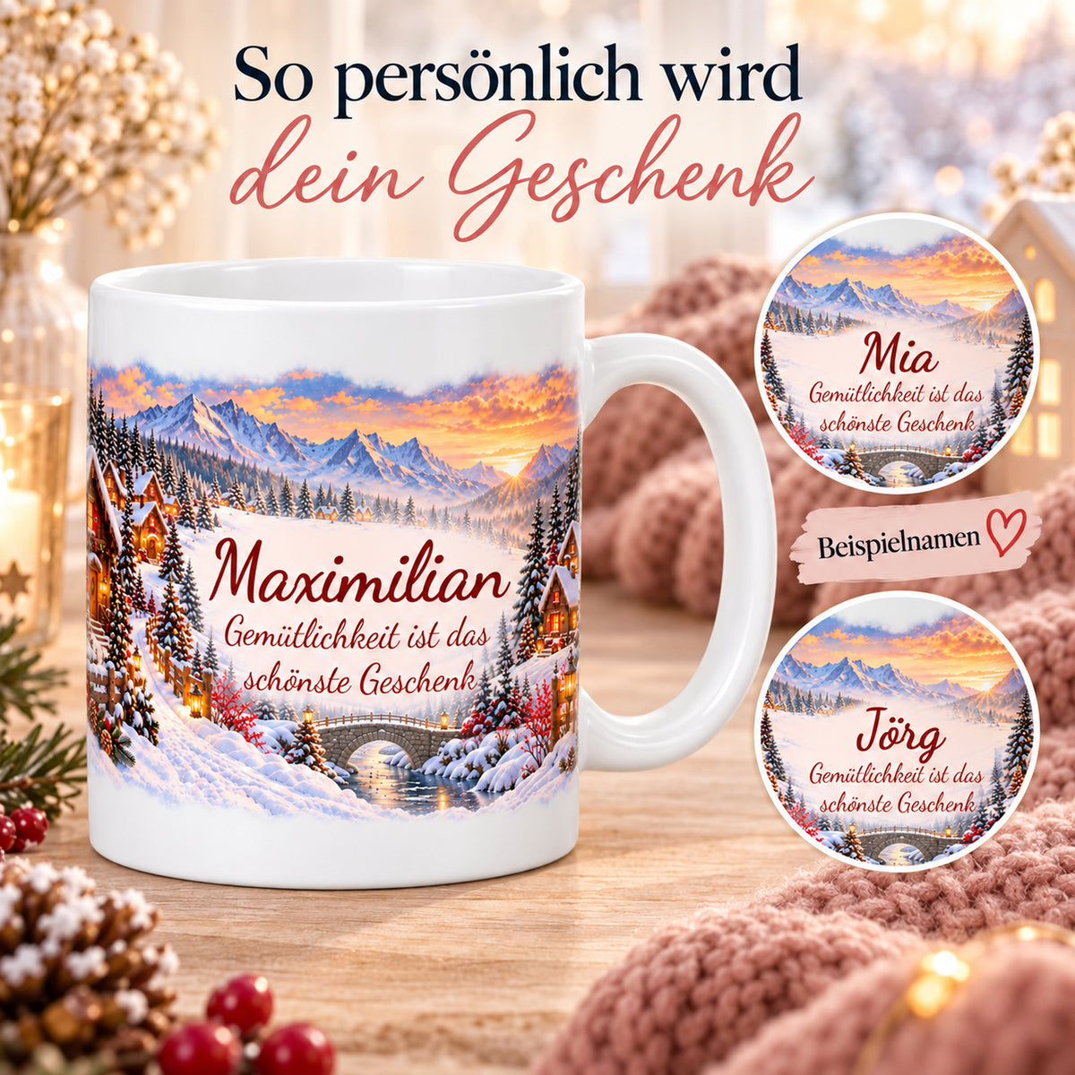Weihnachtstasse Weihnachtsdorf mit Namen – Keramik, 330 ml – 05-personalization