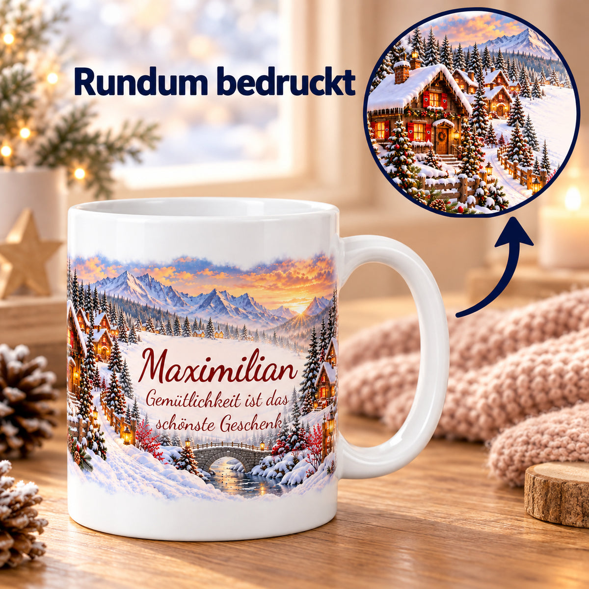 Weihnachtstasse Weihnachtsdorf mit Namen – Keramik, 330 ml – 06-two-views