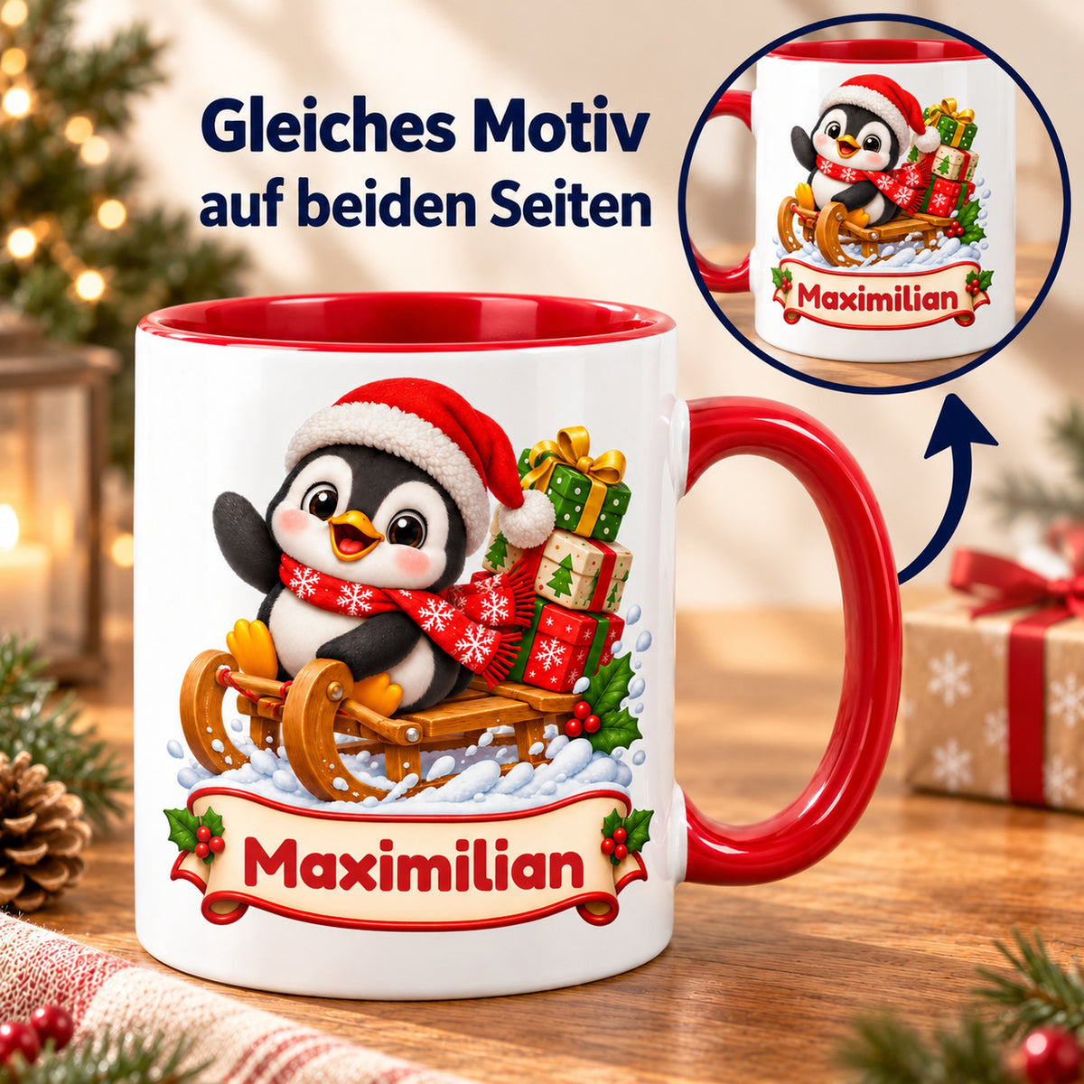 Personalisierte Weihnachtstasse Pinguin auf Geschenkeschlitten, außen weiß mit rotem Henkel und roter Innenseite – beidseitiger Druck mit Detailansicht.
