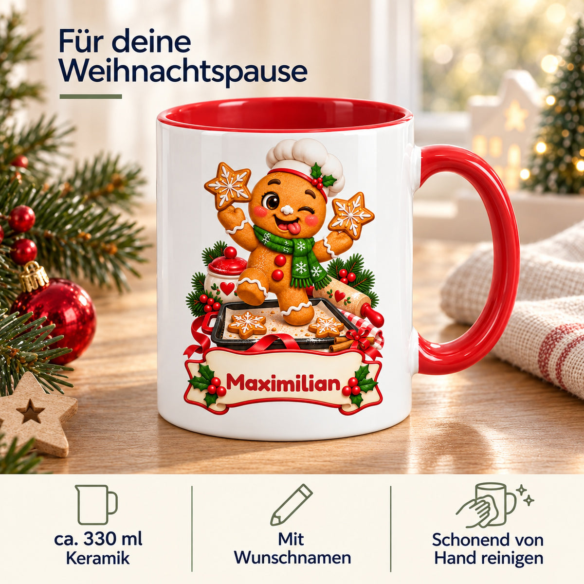 Personalisierte Weihnachtstasse Lebkuchenmann beim Backen, außen weiß mit rotem Henkel und roter Innenseite – Produktdetails mit 330 ml, Keramik und Wunschname.