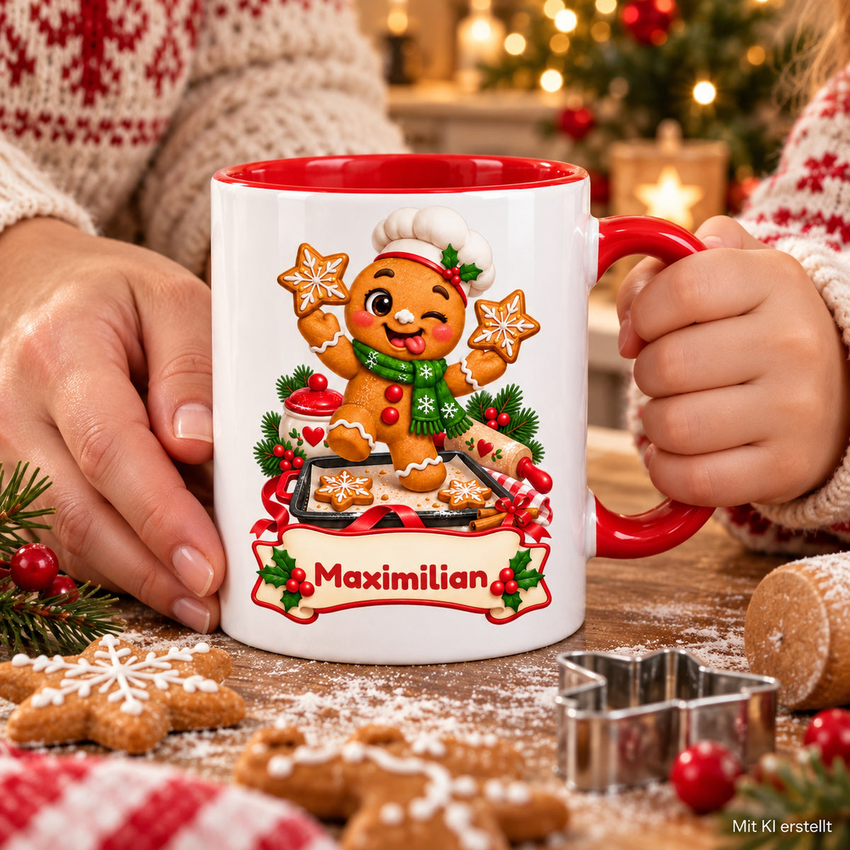 Personalisierte Weihnachtstasse Lebkuchenmann beim Backen, außen weiß mit rotem Henkel und roter Innenseite – Tasse in Händen in einer Weihnachtsszene.