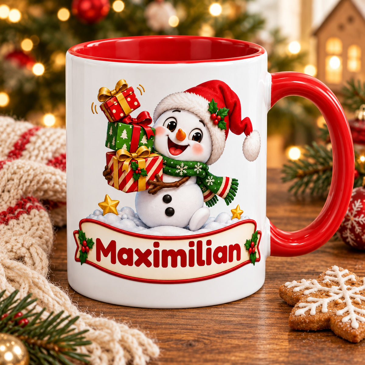 Personalisierte Weihnachtstasse Schneemann mit schiefer Mütze, außen weiß mit rotem Henkel und roter Innenseite – Tasse in weihnachtlicher Dekoration.