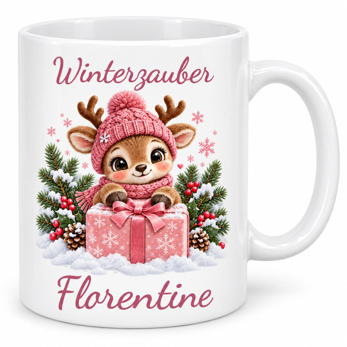 Tasse Rentier mit Namen – Mit Geschenk Rosa – Produktansicht 3, Beispielname Florentine