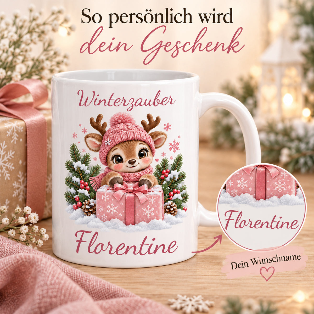 Tasse Rentier mit Namen – Mit Geschenk Rosa – Produktansicht 5, Beispielname Florentine