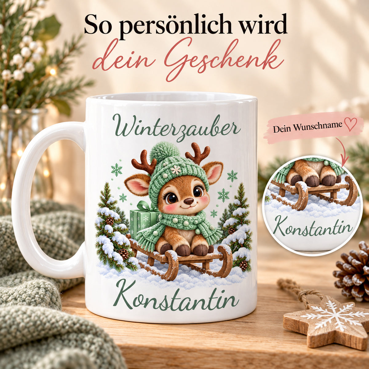 Tasse Rentier mit Namen – Auf Schlitten Mint – Produktansicht 5, Beispielname Konstantin