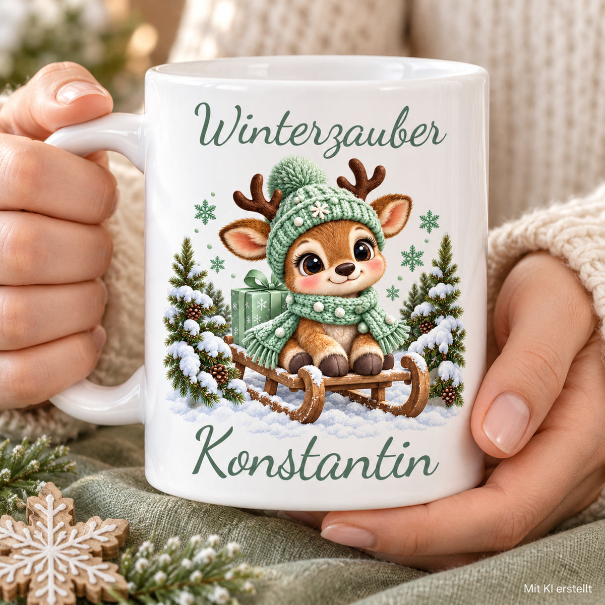 Tasse Rentier mit Namen – Auf Schlitten Mint – Produktansicht 7, Beispielname Konstantin