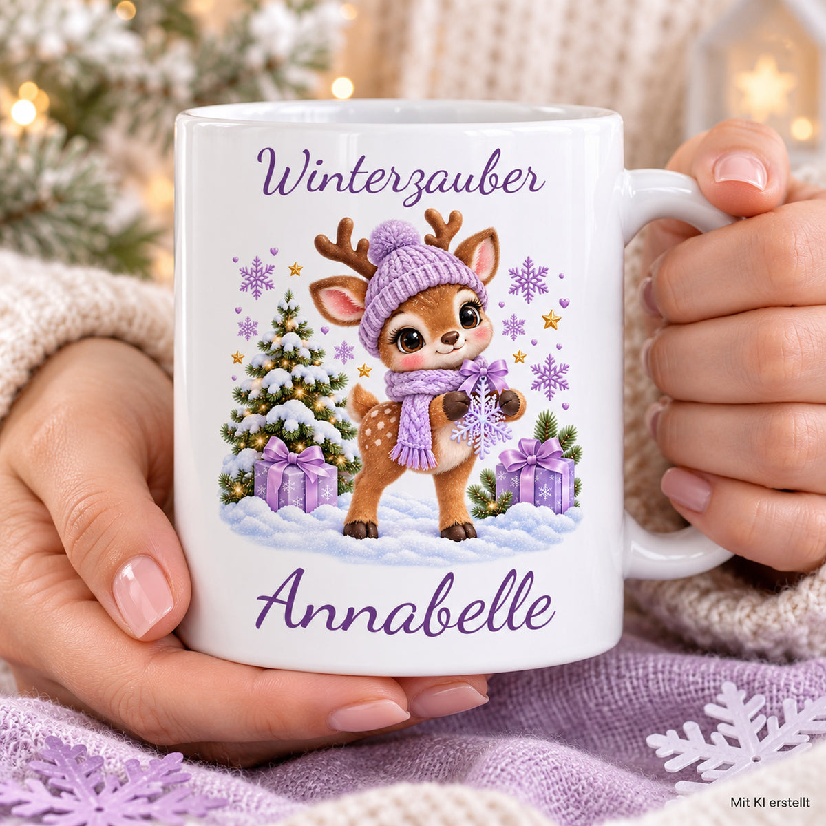 Tasse Rentier mit Namen – Mit Schneeflocke Flieder – Produktansicht 7, Beispielname Annabelle