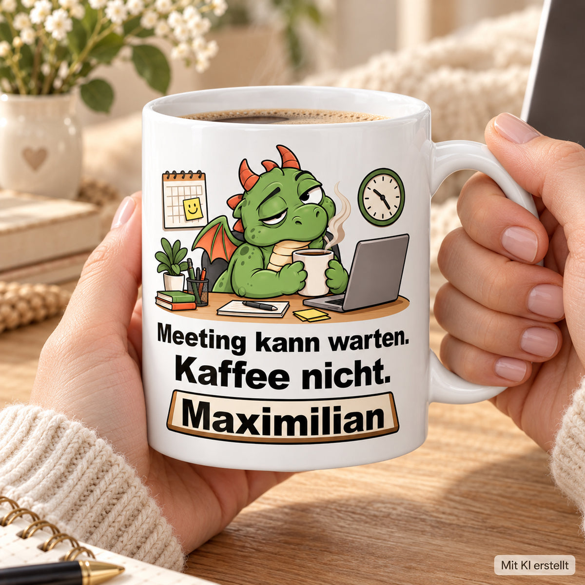 Personalisierte weiße Drachentasse mit Grüner Bürodrache, Spruch „Meeting kann warten. Kaffee nicht.“ und Wunschname – Händeszene